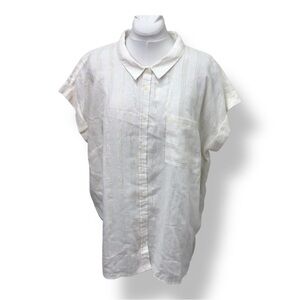 Per Se Women’s Livin’ In Linen Lurex Stripe Button Down Shirt Cream/Gold 2X